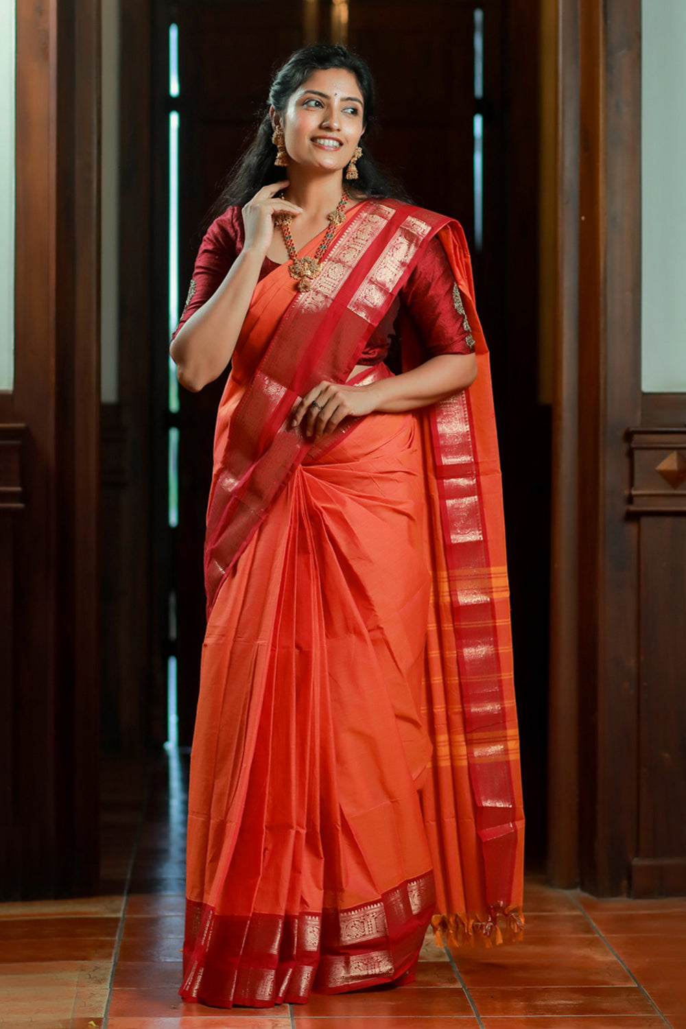Kanchi Cotton Orange Saree with Red Border