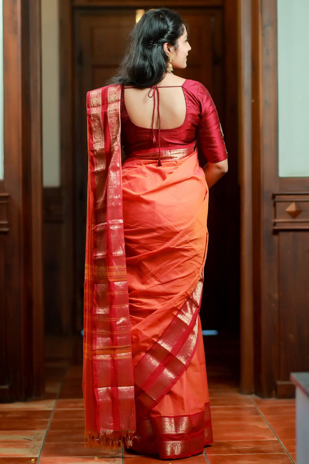 Kanchi Cotton Orange Saree with Red Border