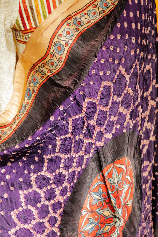 Purple Bandhini Central Floral Ajrakh Dupatta