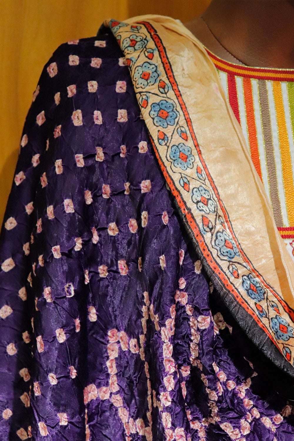Purple Bandhini Central Floral Ajrakh Dupatta