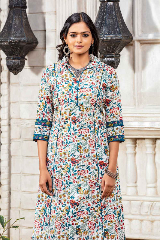 White Base Floral Kurta