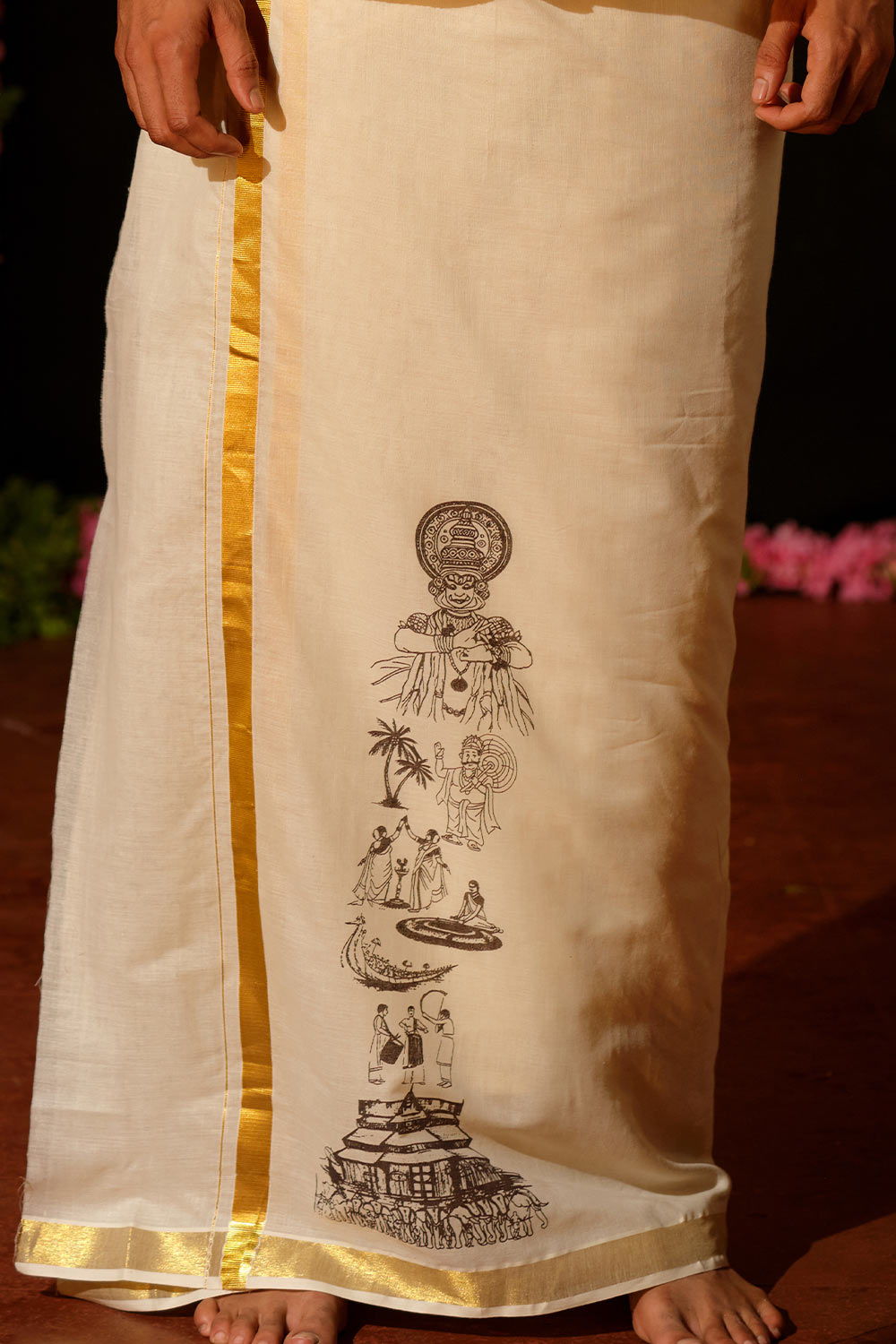 Keraleeyam Hand Blocked Printed Golden Kasavu Dhothi