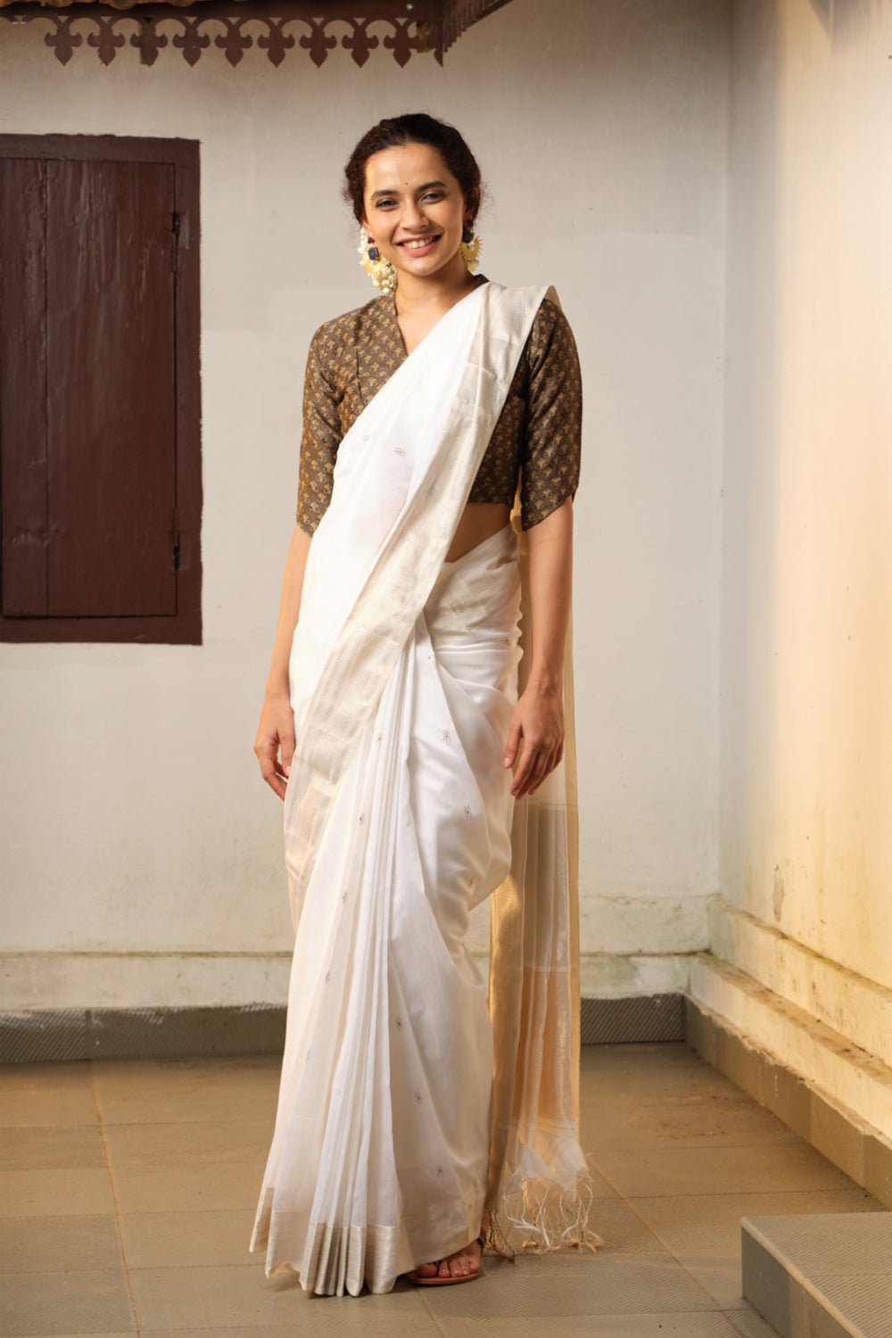 Maheshwari Off-White Saree