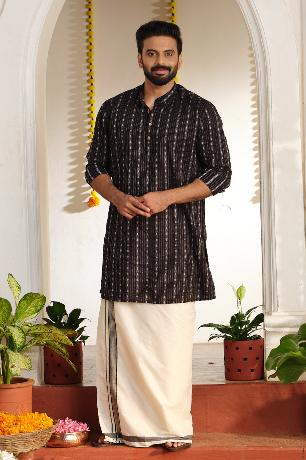 Black Long Kurta with Chinese Collar & Kantha Work