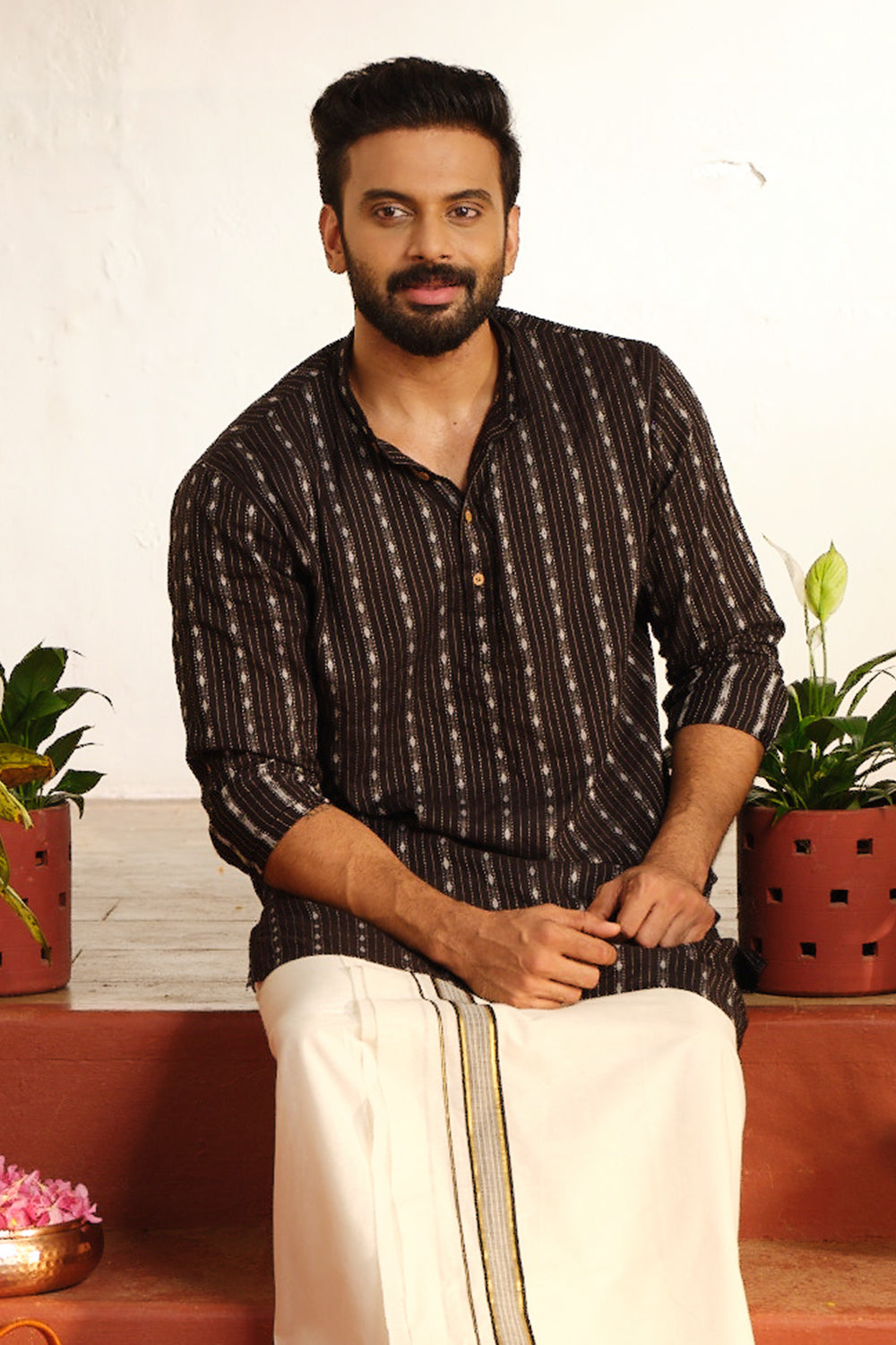 Black Long Kurta with Chinese Collar & Kantha Work