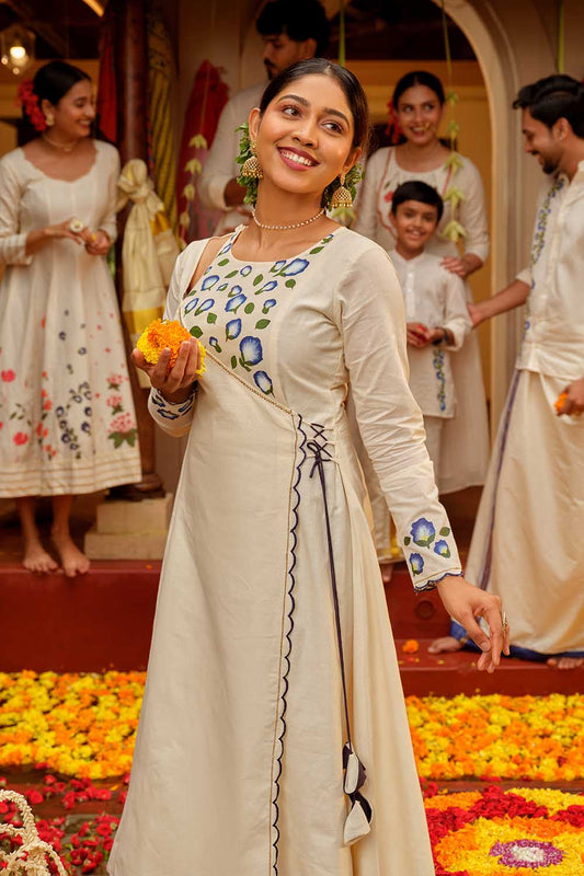 Offwhite Handpainted Shangupushpam Angaraka Dress