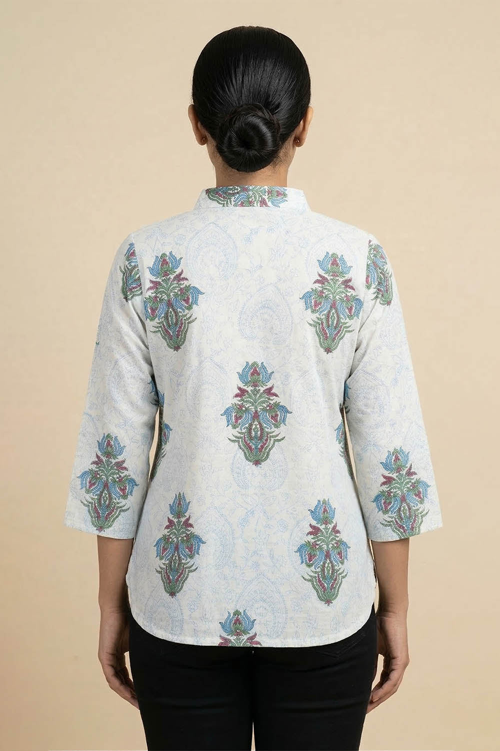 White Short Top with Blue Prints