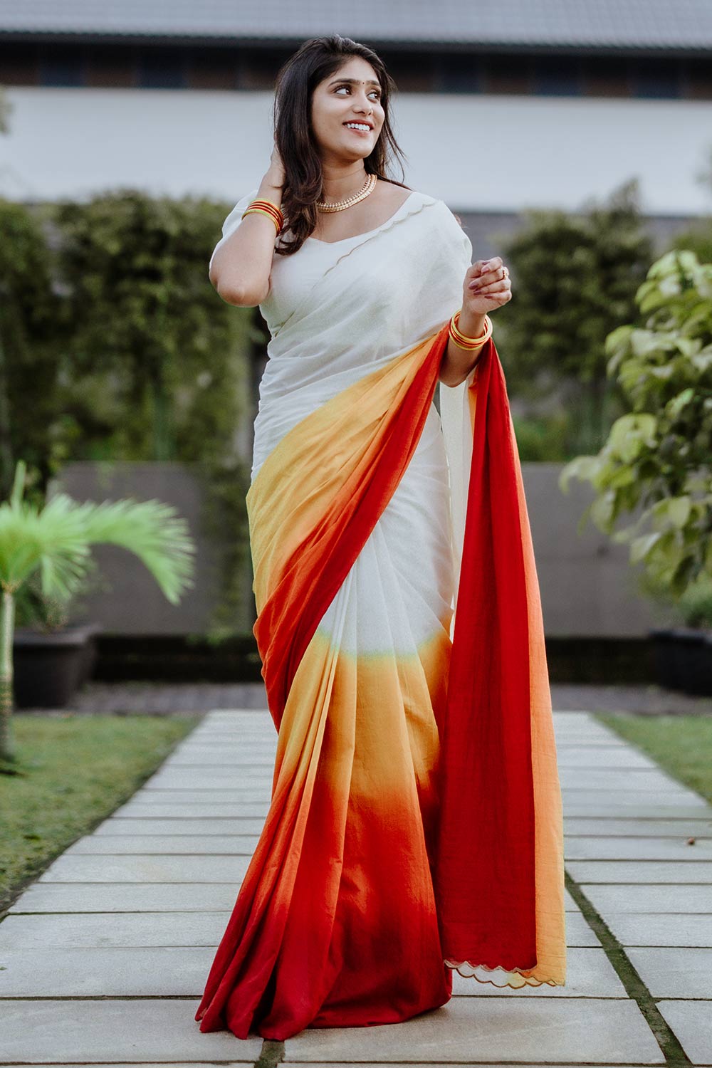 White Base Red & Orange Ombre Saree