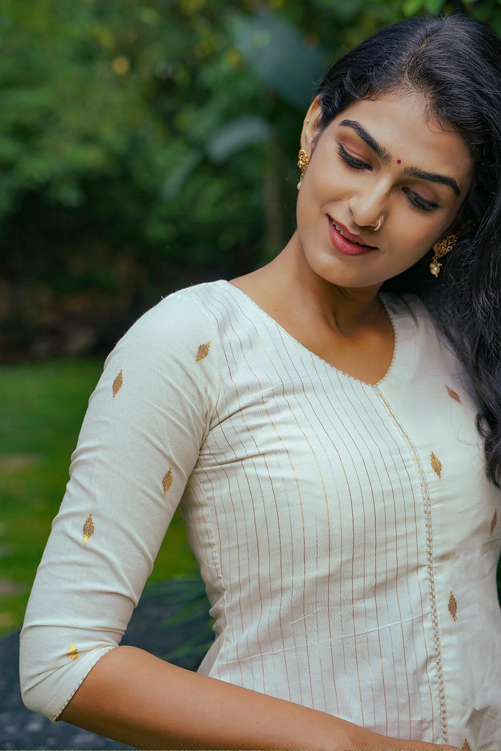Off White Half Striped & Half Dotted Aline Kurthi