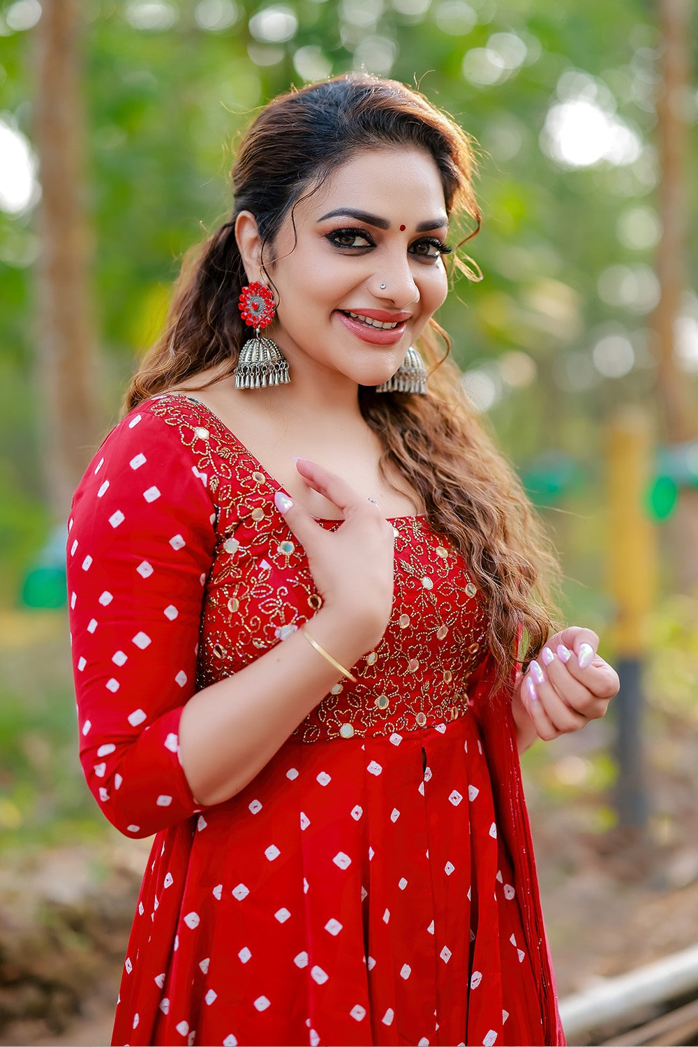 Red Modal Bandini Center Slitted Anarakali Set
