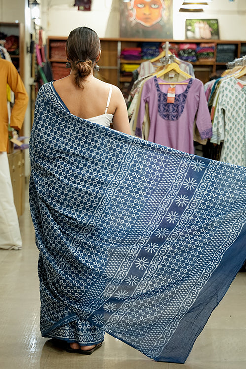 Indigo Mul Cotton Saree