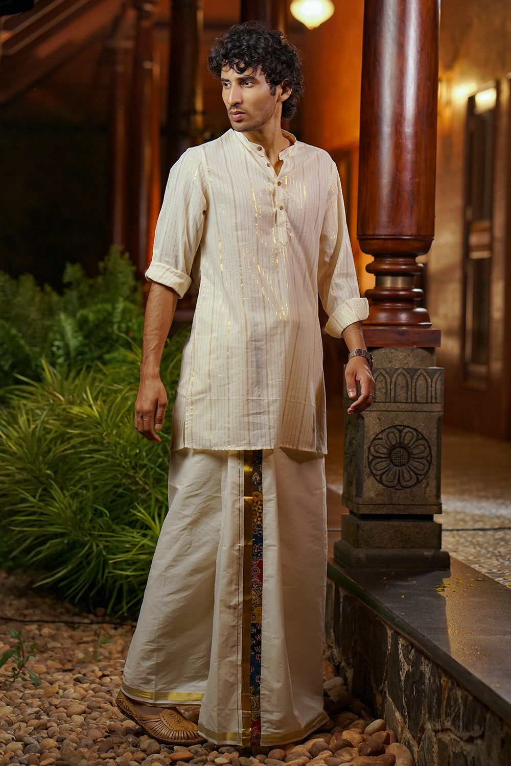 Off White Chinese Collar Full Sleeve Long Kurtha