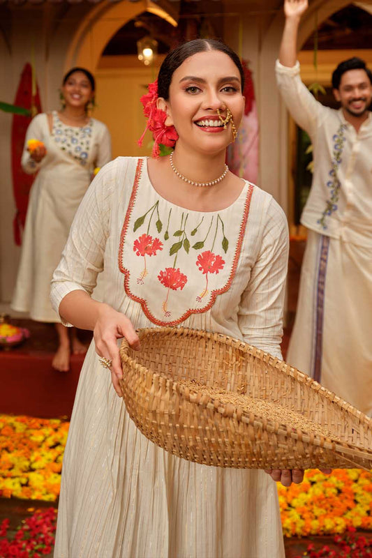 Hibiscus Handpainted Offwhite A line Gathered Dress