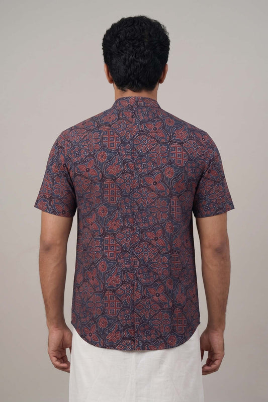 Navy Blue Base Chines Collar Ajrakh Hand Block Print Shirt