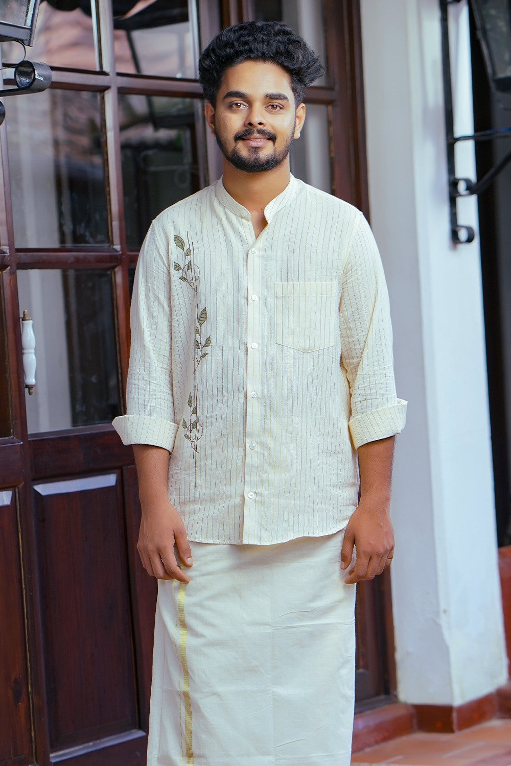 Off white Lurex Full Sleeve Shirt with Leaf Handpainted