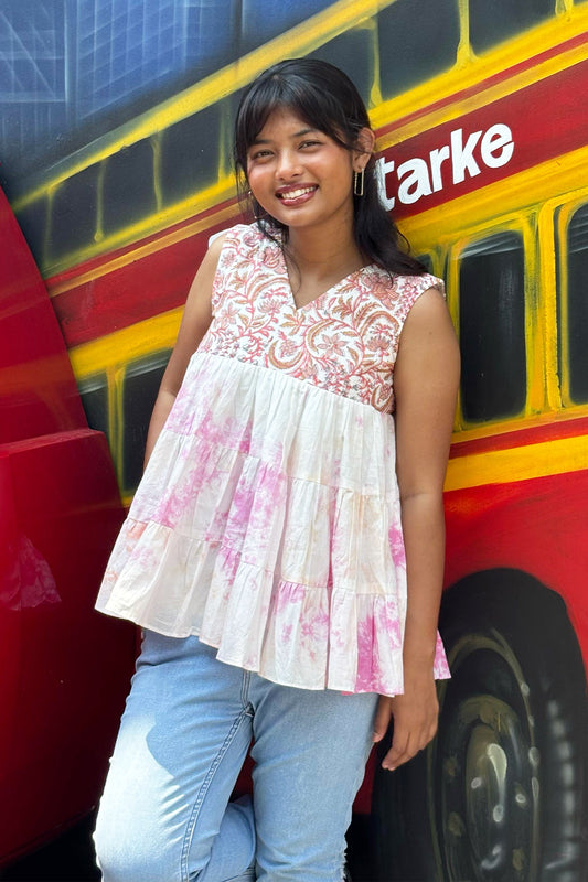 Sanganeri Shibori Peach & White Tired Sleeveless Top