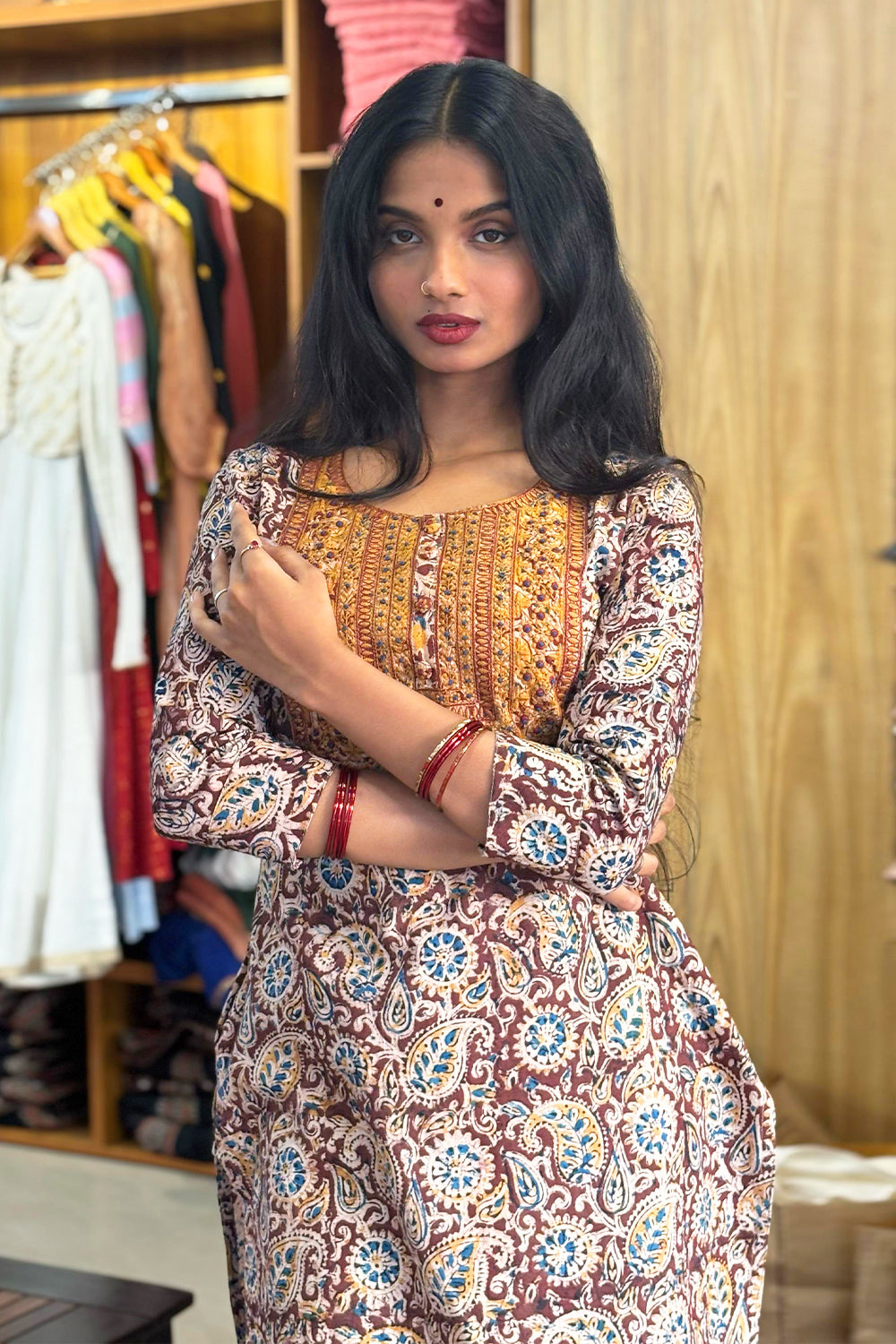Brown Kalamkari Slitted Kurthi