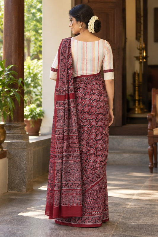 Ajrakh Red Base Printed Saree