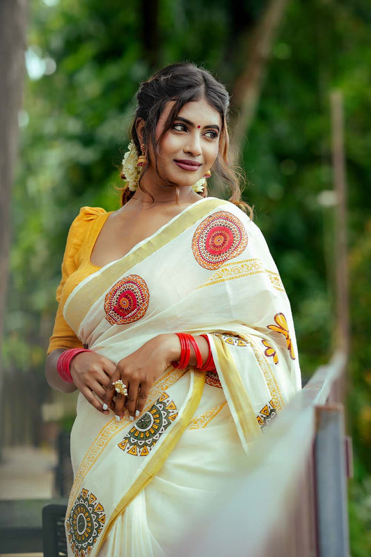 Offwhite Gold Border Screen Print Set Saree