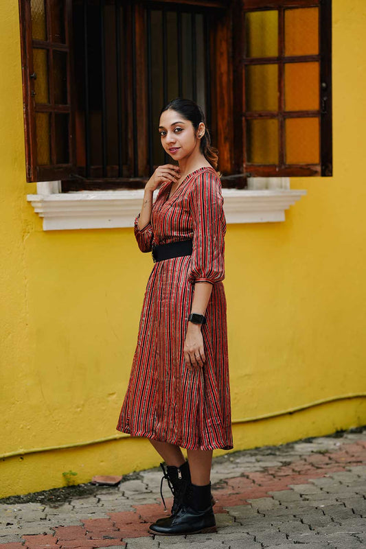 MODAL SILK RED & BLACK STRIPE ALINE KURTI