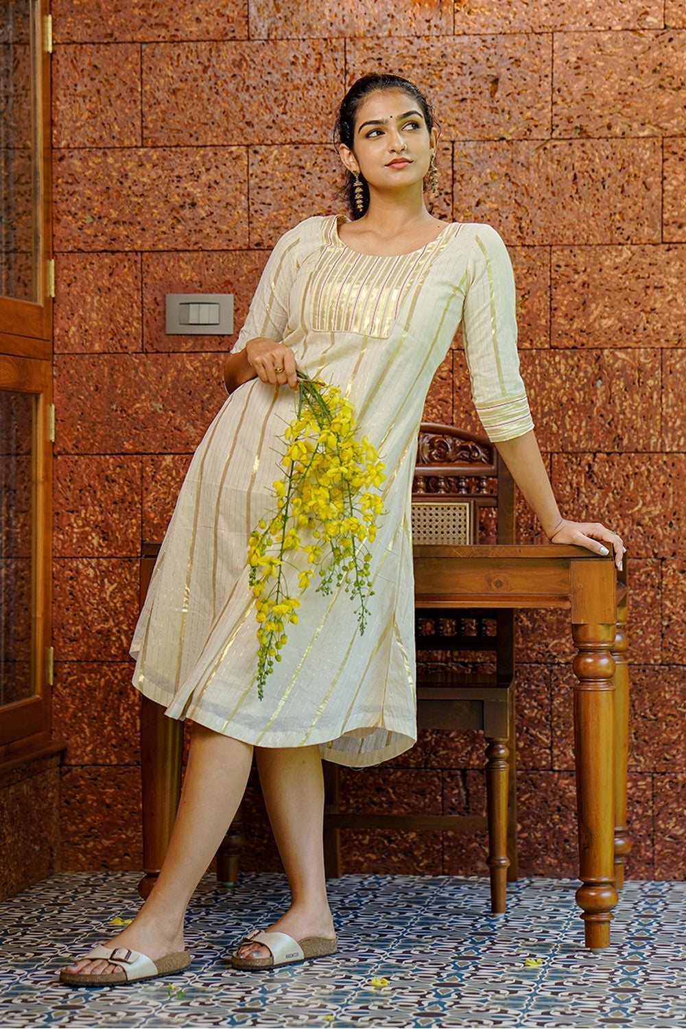 Off white Golden Striped A line Kurthi