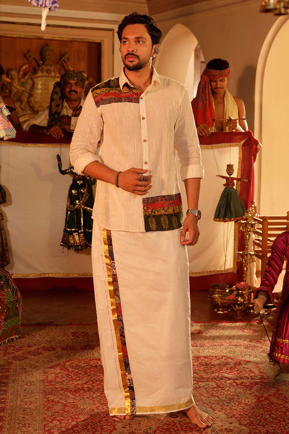 Golden & Silver Full Sleeve Off-White Shirt With Ajrakh Patch
