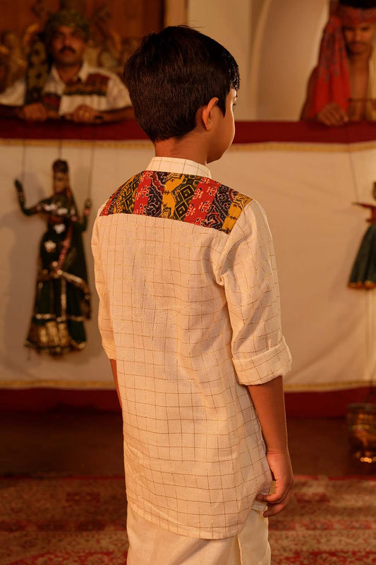 Off-white Golden Check Kurta With Ajrak Multi Patch