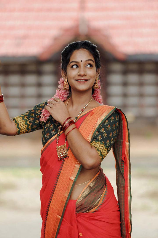 Red Base Check Border Saree