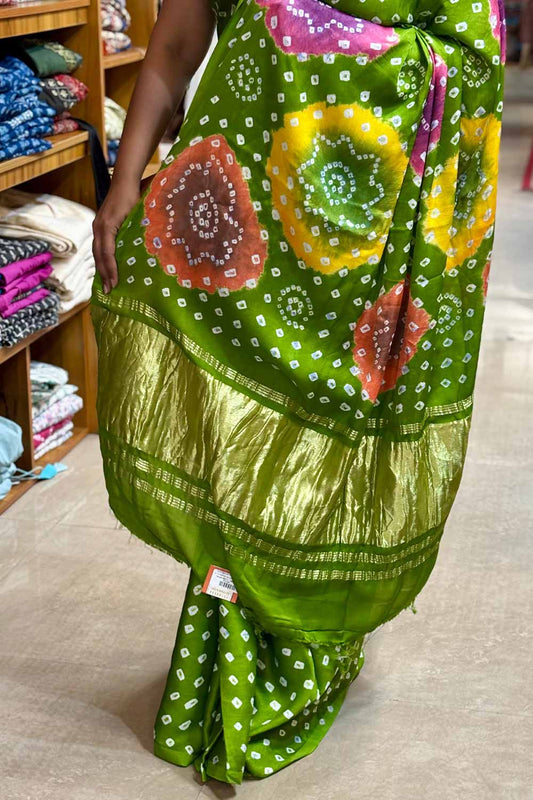 Parrot Green Modal Silk Bandhani Saree