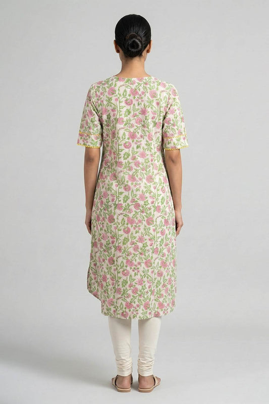 Beige Base Pink Floral A line Kurti
