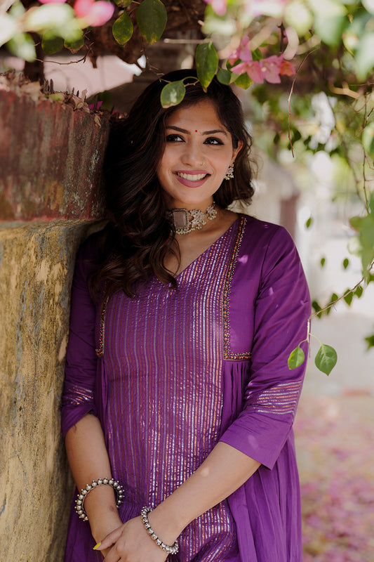 Purple Co-ord Set with Side Slit pleates & Embroidery