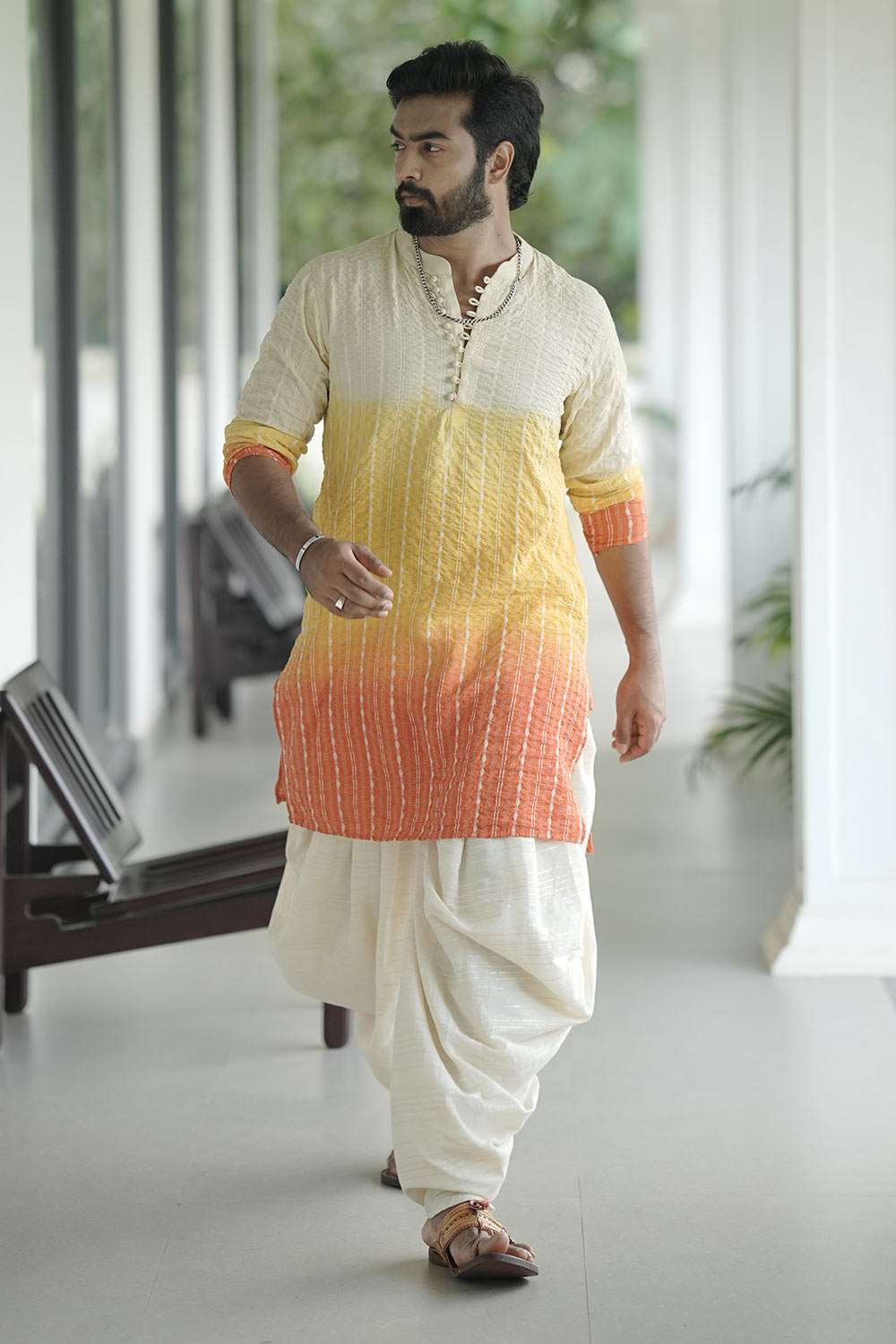 Dyed Orange & Yellow Off-White Kurta