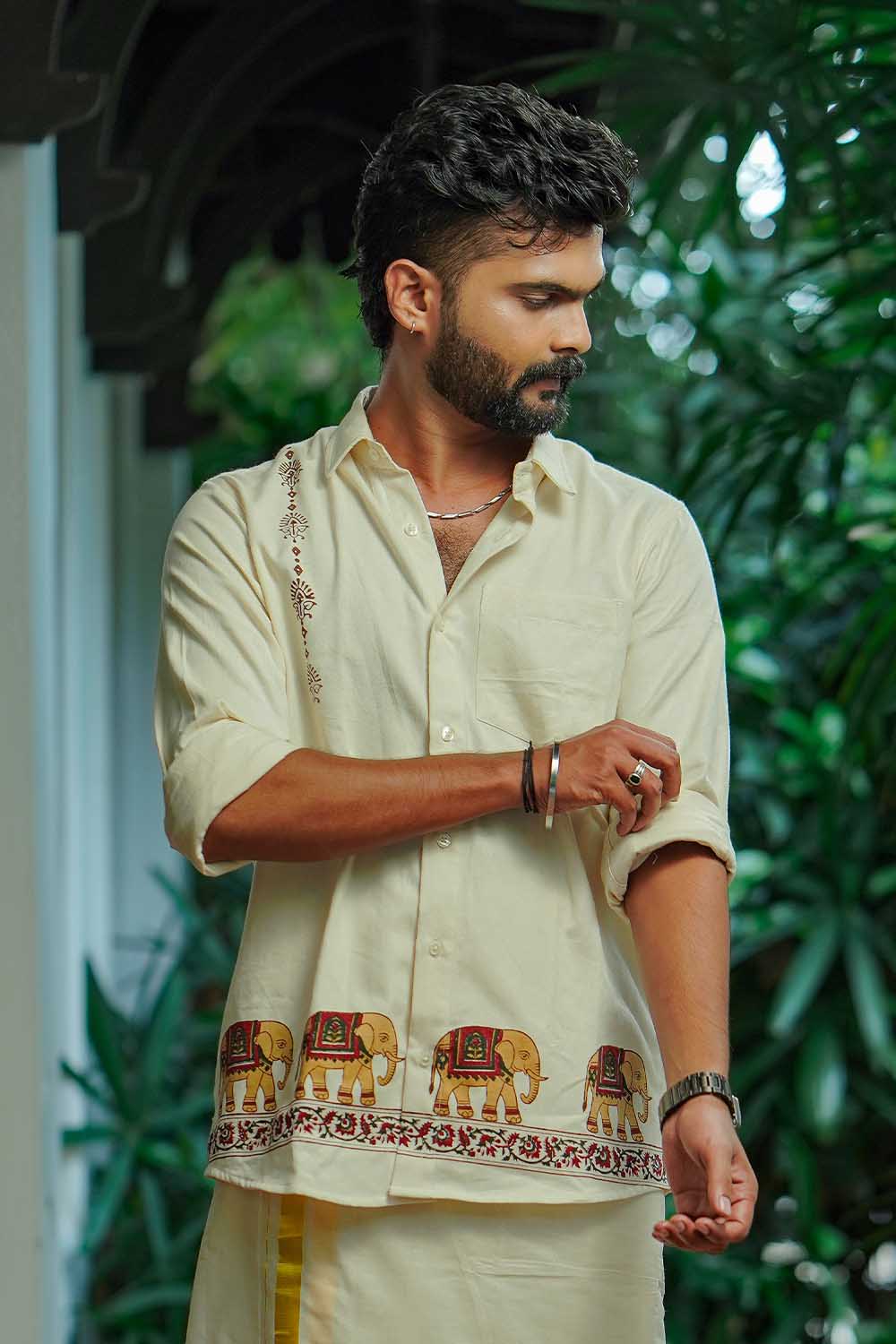 Offwhite Elephant Border Printed Shirt