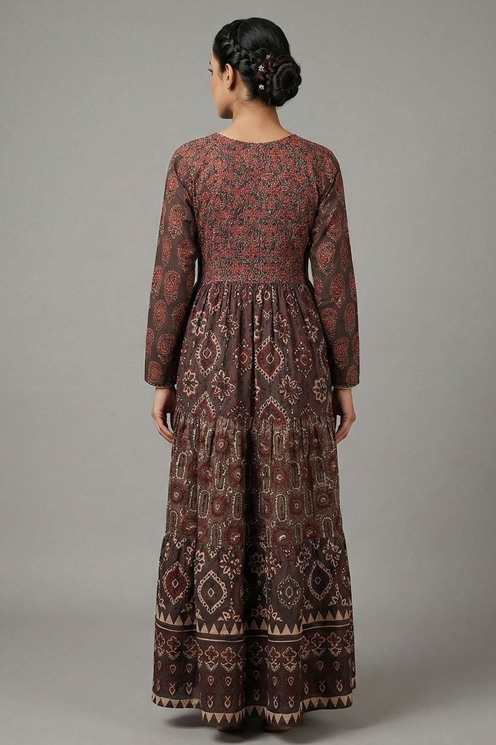 Brown Ajrakh Tiered Full Sleeve Dress
