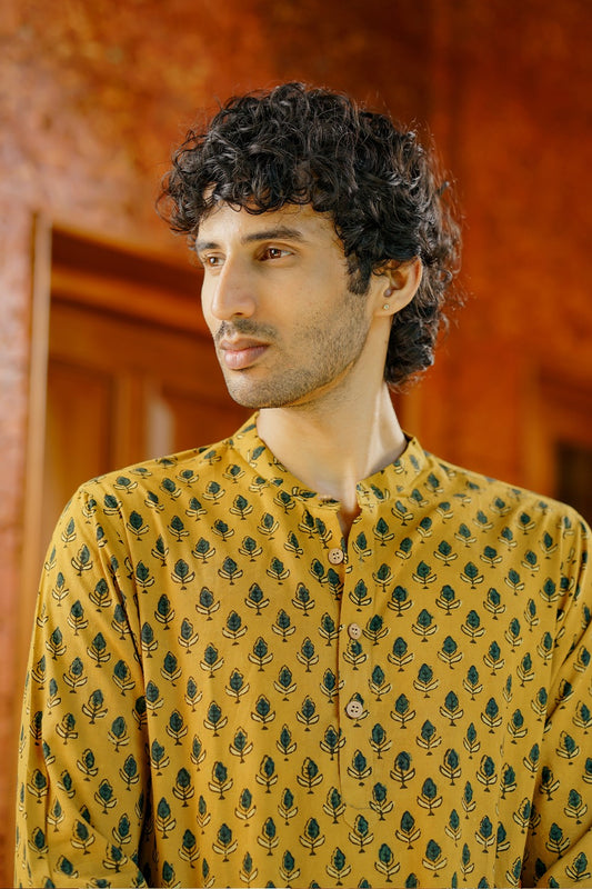 Yellow Base Green Print Long Kurtha