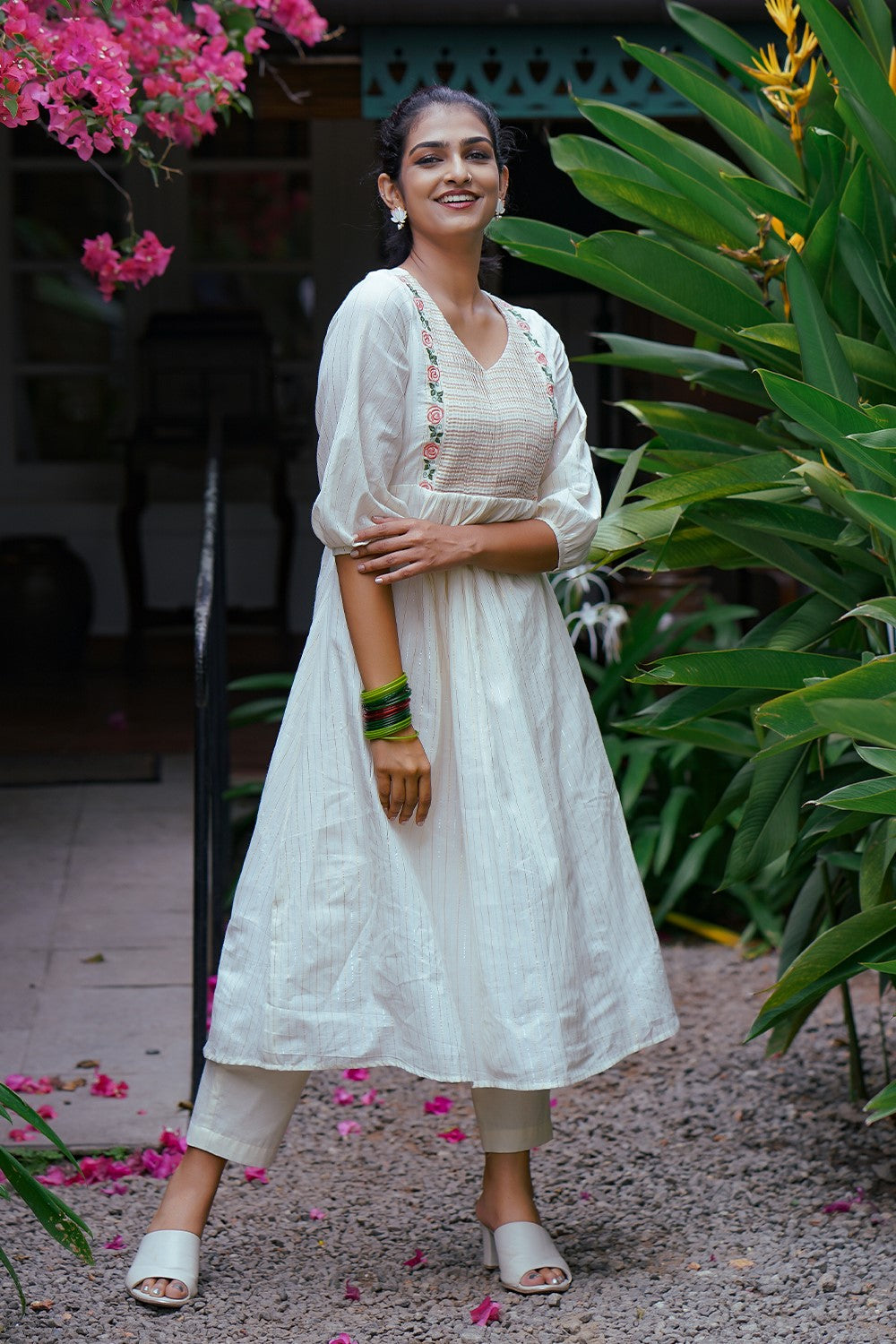 Off white A line Pleated Kurthi with Rose Embroidery Yoke