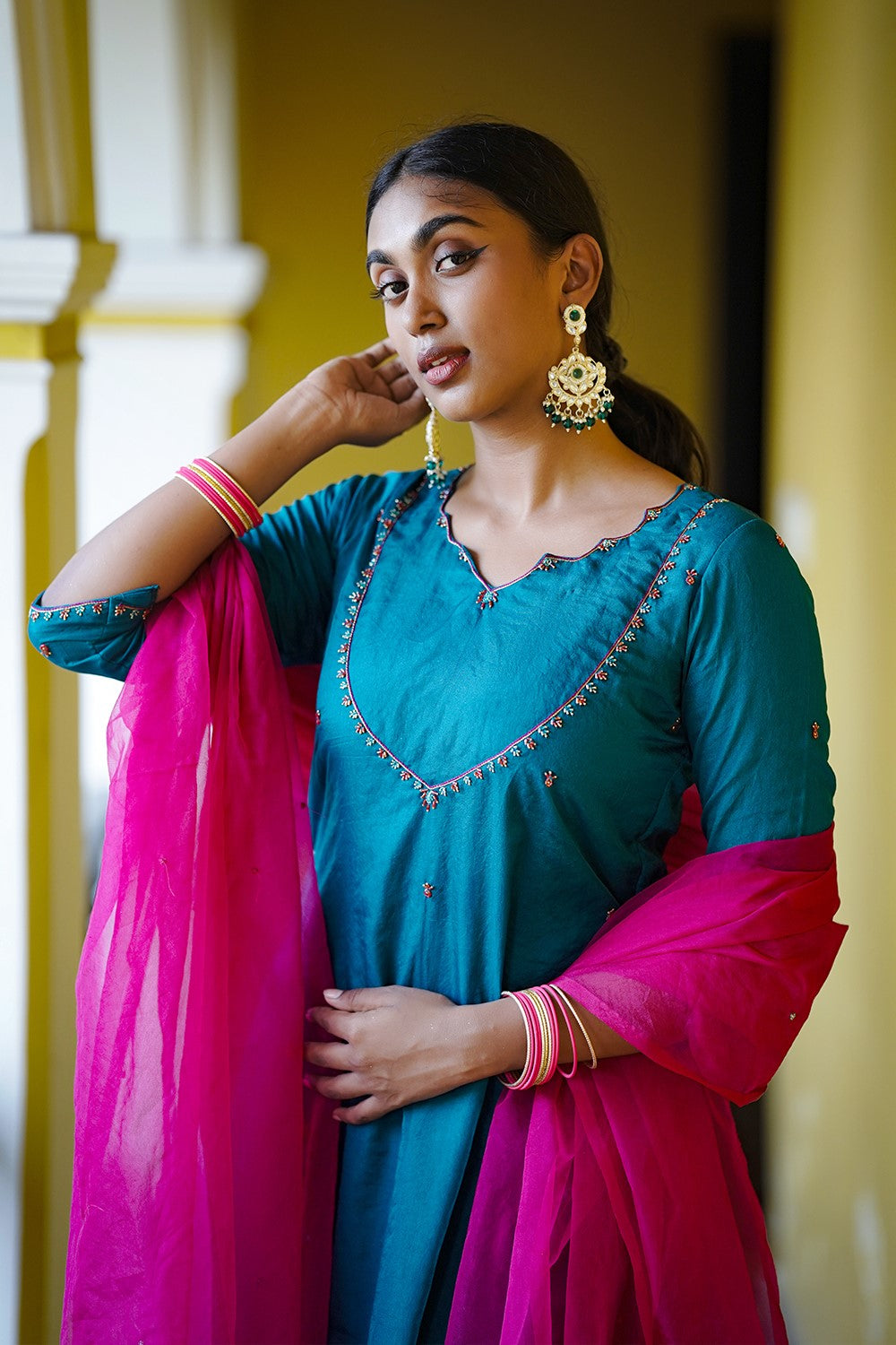 Teal Blue Chanderi Handwork A Line Kurthi