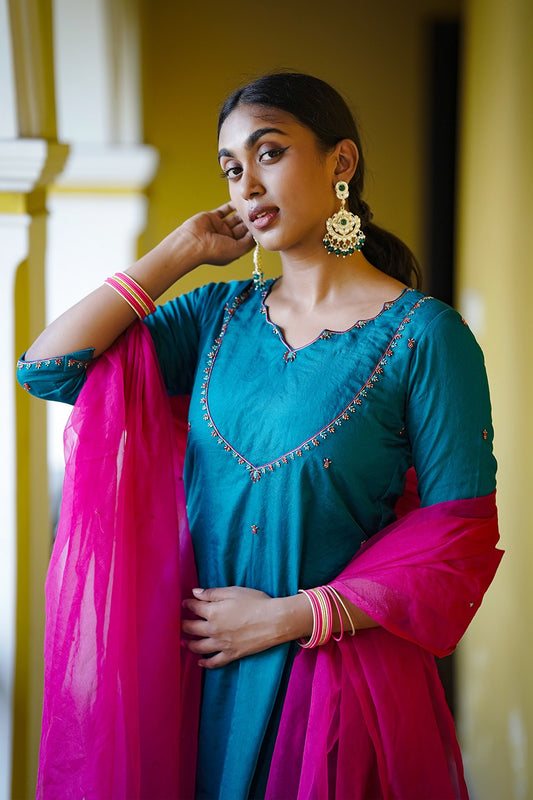 Teal Blue Chanderi Handwork A Line Kurthi Set
