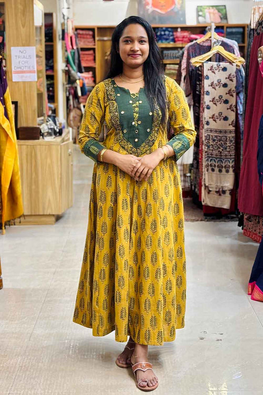 Yellow Ajrakh Leaf Printed Anarkali