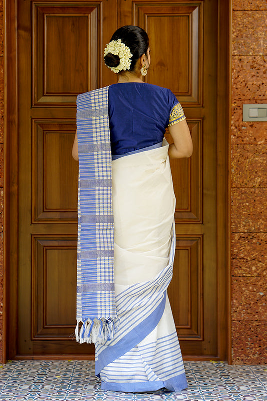 Blue & Golden Border Kerala Handloom Saree