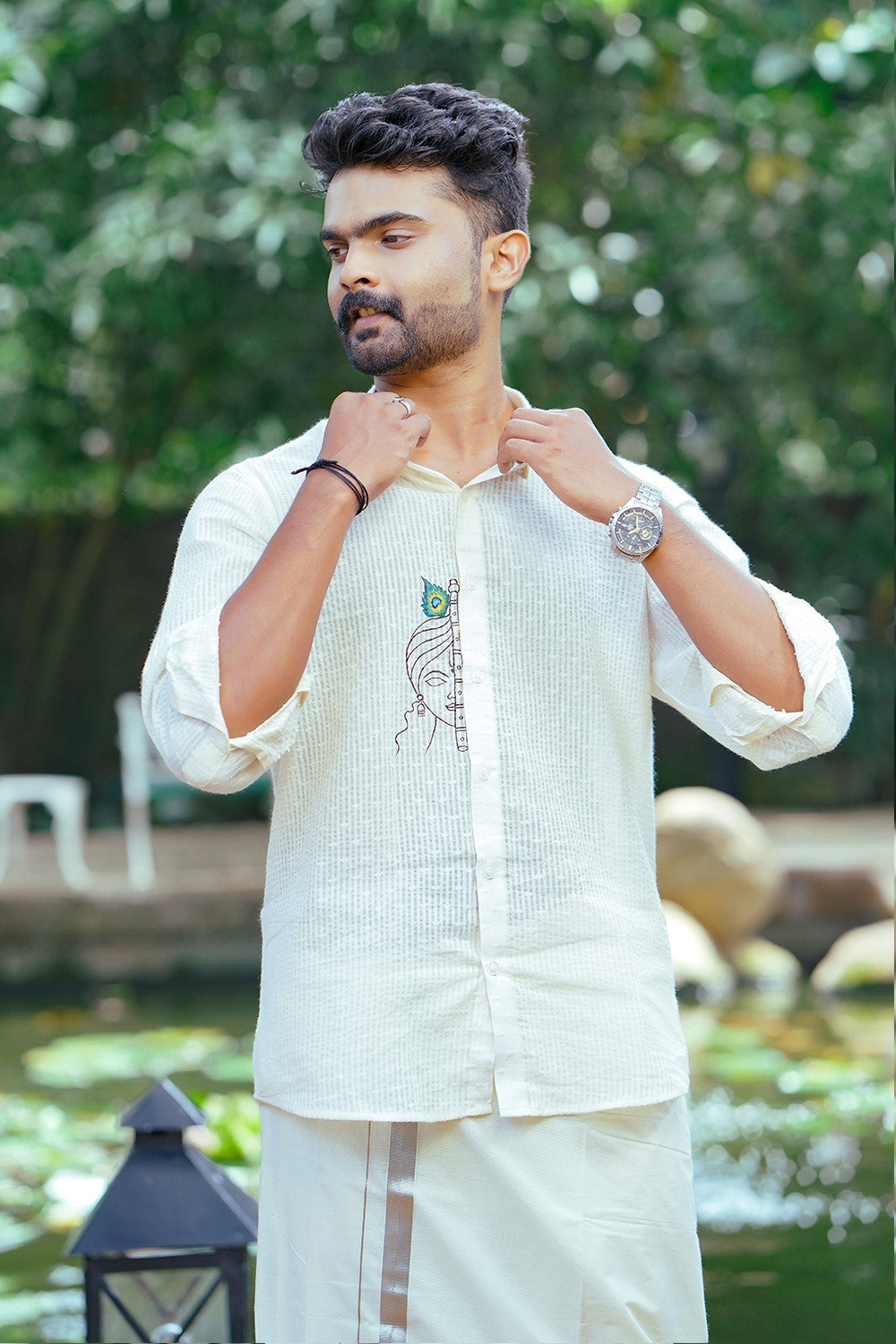 Off White Full sleeve Shirt with Krishna Hand Paint