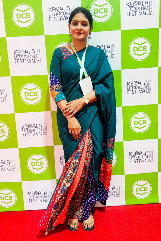 Peacock Green Mul Cotton & Bandhini Ajrakh Saree