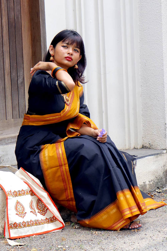 Chettinadu Black & Mustard Yellow Temple Border Saree
