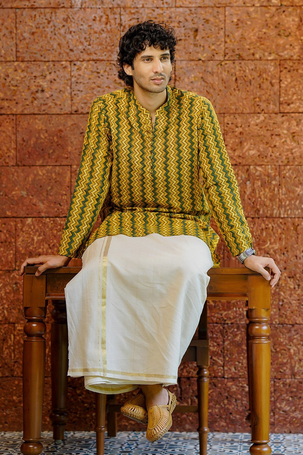 Ajrakh Yellow Base Zigzag Long Kurtha