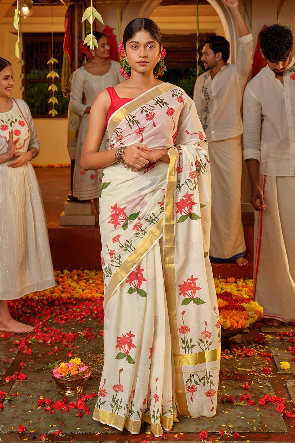 Off-white Kerala Saree with Printed Flowers