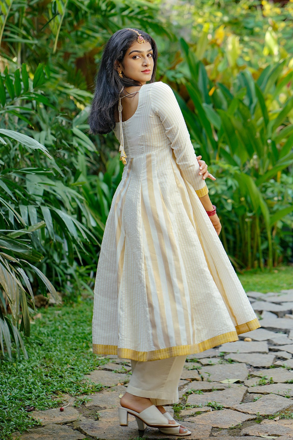 Off White Kasavu Golden Stripe Lurex Anarkali