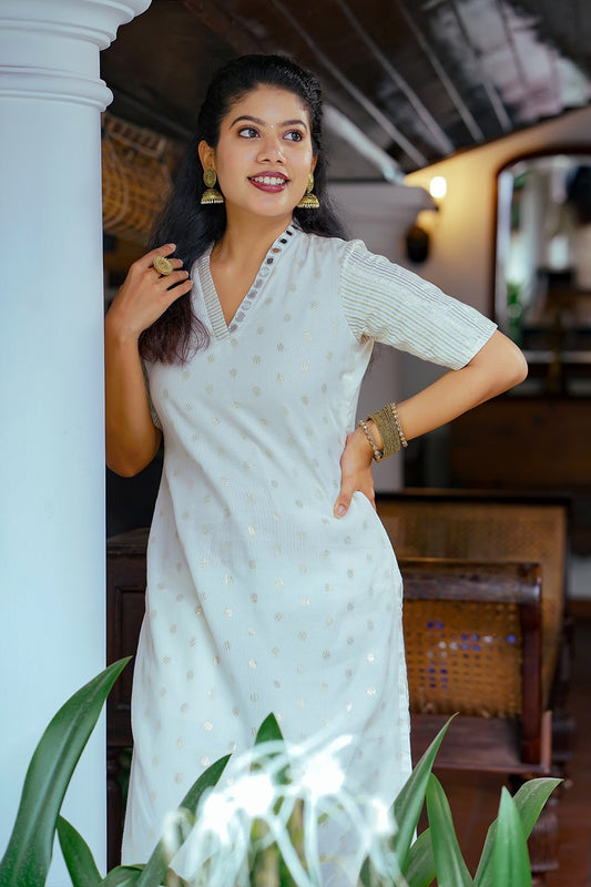 Off White Side Slitted Kurthi with Golden Butta