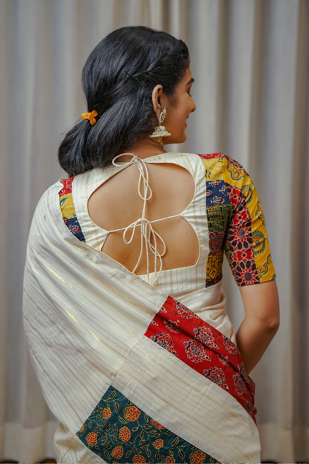 Off White Ajrakh Multi Colour Pleated Saree