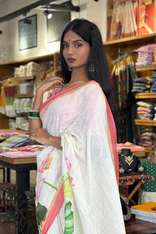 Off White Lotus Print Linen Saree