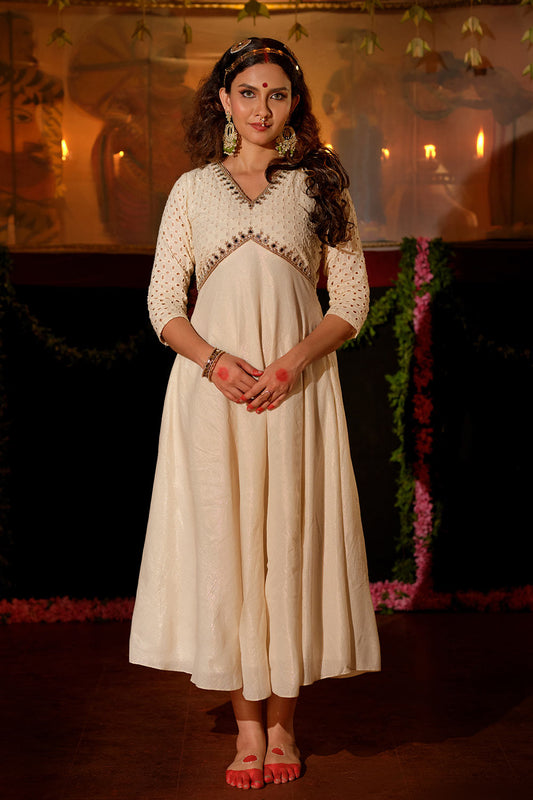 Off-white Hakoba with Embellished Yoke Umbrella Cut Dress